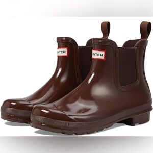 Brand New Hunter Women's Original Chelsea Gloss Rain Boot Brown Bolt, size 11